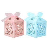 Lucky Monet 100Pcs Love Heart Laser Cut Candy Box Small Gift Chocolate Boxes for Wedding Party Favor Birthday Bridal Baby Shower with Ribbon (50Pcs Pink + 50Pcs Blue)
