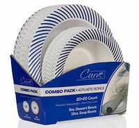 Laura Stein Designer Dinnerware Set | 80 Disposable Plastic Party Bowls | White Wedding Bowl with Blue Rim | Set Includes 40 x 12 oz Soup Bowls + 40 x 5 oz Dessert Bowls | Curve Series