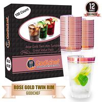 100 Premium 12oz Rose Gold Twin Rim Clear Plastic Cups - Double Rose Gold Trimmed Hard Plastic Tumblers Set, Disposable Plastic Cups, Elegant Rose Gold Rimmed Wedding Cups, Reusable Fancy Party Cups