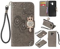 Amocase Wallet Case with 2 in 1 Stylus for Samsung Galaxy A8 2018,3D Bling Gems Owl Magnetic Mandala Embossing Premium Strap PU Leather Card Slot Stand Case for Samsung Galaxy A8 2018 - Gray