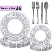 Silver Decor Disposable Dinnerware - 36 Sets - Large Plates (10"), Small Plates (7"), Shiny Silverware (Spoon, Knife, 2 Forks)- Sturdy Paper Party Supplies - Weddings, Holidays, Anniversaries, Events