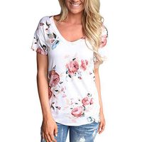 Xia&Han Women's Print Floral Tees V-Neck Blouse Short Sleeve Tops Pullover Casual Shirts Tunic White