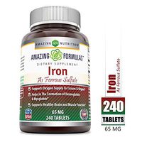 Amazing Formulas Ferrous Sulfate 65 Mg 240 Tablets -Iron As Ferrous Sulfate for Better Absorption- Supports Oxygen Supply to Tissues and Organs-Supports Healthy Brain and Muscle Function