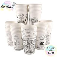 Art Kups 12 oz Paper Cups - 50 Disposable Paper Coffee Cups | Tea, Hot Chocolate, Cold Water | Single Wall Insulation, Rolled Rims, Recyclable | Party, Home, Office or School Solo Drinking - Kids