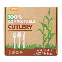 WRAPOK 100% Disposable Compostable Biodegradable Cutlery Durable Utensils Plastic Flatware Set Eco Friendly, 140 Count(40 Knives, 50 Forks, 50 Spoons)