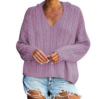 HNTDG Womens Hoodies Chunky Knit Pullover Pure Color Tops Long Sleeve V-Neck Cute Sweater Blouse Purple