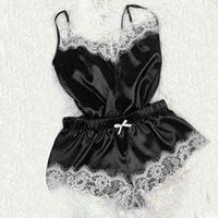 Clothful_Clothes 2PC Lingerie Women Sexy Nightdress Nightgown Sleepwear Underwear Set Lace lace Suspenders Shorts Two-Piece Black + White