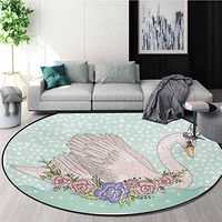 RUGSMAT Queen Dining Room Home Bedroom Carpet Floor Mat,Cute Cartoon Swan On Water Crown Flowers Dreamy Fairytale Kids Playroom Non Slip Rug,Diameter-24 Inch Mint Green Beige Coral
