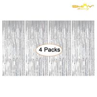 Foil Fringe-Backdrop-12FTX8FT-Silver Tinsel Metallic Fringe Curtains Shinny Party Accessory(Pack of 4) (Silver)