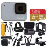 GoPro Hero 7 (White) Waterproof Digital Action Camera + Sandisk Extreme 32GB MicroSD Memory Card + Medium Case + Flexible Tripod + Head & Chest Strap + Monopod + Floating Handle + Wrist Strap + Clamp