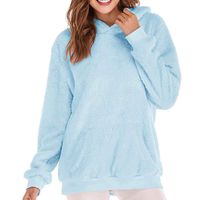 Lloopyting Women's Winter Hooded Sweatshirt Long Sleeves Faux Shearling Shaggy Warm Pullover Zipped Up with Pockets Tops Light Blue