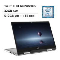 Dell 14" 2-in-1 FHD Touch-Screen Laptop, Intel Core i7-8565u, 32GB Memory,512GB PCIe SSD + 1TB HDD, Media Card Reader, Webcam, Wireless-AC, Bluetooth, Win10 Home, Silver