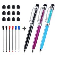 Crystal Stylus Pens, CHAOQ 3 Pcs, Black, Red, Blue, Stylus Pen and Ballpoint Pens (Black Red Blue Ink, 1.0mm) for Touch Screens iPad, iPhone, Tablet, Kindle, with 12 Extra Rubber Tip, 6 Refills