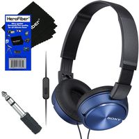 Sony Wired On-Ear Foldable Stereo Headphones with Microphone MDR-ZX310AP (Blue) + 3.5mm Mini Plug to 1/4 inch Headphone Adapter & HeroFiber Ultra Gentle Cleaning Cloth