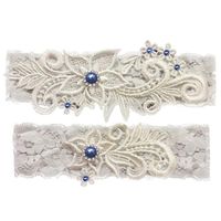 GARGALA Wedding Garters for Bride Bridal Lace Garter Set with Blue Rhainstone (Blue White, Medium)