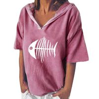 GHrcvdhw Women Stylish Casual T-Shirt Short Sleeve V-Neck Fish Bones Printed Hooded Tops Blouse Pink