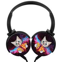 AMAOZNBSTEER Cat eating Pizza and Taco in Space Wired Headphones Headsets Foldable Over Ear for Boys Girls Black