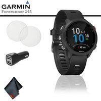 Garmin Forerunner 245 Music GPS Running Smartwatch (Black) + Car Adapter + Tempered Screen Protector + Cleaning Cloth