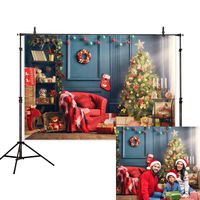 Allenjoy 7x5ft Christmas Backdrop Winter Indoor Sofa Christmas Tree Wreath Blue Background Wall Carpet Toy Ornament Kids Family Gathering Photography Background Decoration Photo Studio Props