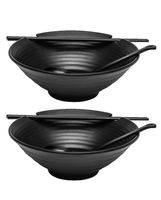 2 x Ramen Bowl Set (Black Melamine), 6pcs Japanese Style Soup Bowls Set with Chopsticks, Ladle Spoons Set and Large 37 oz Bowl for Ramen, Pho, Noodles, Asian dishes