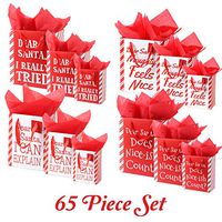 Dear Santa Funny 65 Piece Christmas Gift Bag Set with Tissue Paper and Gift Tags- Small, Medium, and Large Assorted Sizes- Reusable Present Gifting- Holiday Xmas Gift Bag Packaging