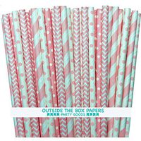 Outside the Box Papers Light Pink Stripe, Polka Dot Chevron Paper Straws 7.75 Inches 100 Pack Light Pink, White
