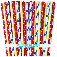 Outside the Box Papers Circus Theme Polka Dot and Stripe Paper Straws 7.75 Inches 75 Pack Red, Blue, Yellow, White