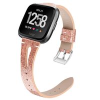 Shangpule Compatible with Fitbit Versa/Versa 2/Versa Lite Edition Bands, Genuine Leather Shiny Bling Replacement Strap Wristband for Versa Smart Watch Women Men Large Small (Shiny Rose Gold)
