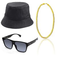Beelittle 80s/90s Hip Hop Costume Kit Old Style Cool Rapper Outfits - Bucket Hat Oversized Black Sunglasses Gold Plated Chain (B)