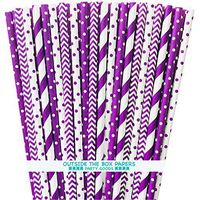 Purple Paper Straws - Stripe Chevron Polka Dot - 7.75 Inches - 100 Pack - Outside the Box Papers Brand