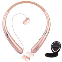 Bluetooth Headphones, Doltech Bluetooth 5.0 Neckband Headphones Noise Cancelling Headset with Carrying Case Retractable Earbuds Stereo Earphones with Mic (Rose Gold)