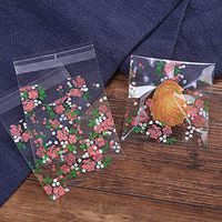 PAFUWEI 100 Pcs Clear Resealable Cello Cellophane Bags Dessert Poly Bags Pink Flower Self Adhesive Sealing Bags for Bakery, Candy, Soap, Cookie, Candies, Small