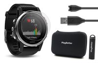PlayBetter Garmin Fenix 5S (Silver with Black Band) Power Bundle | Includes HD Glass Screen Protector, Hard Case & PlayBetter Portable Lipstick Charger | Multi-Sport GPS Watch