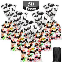 Hestya 50 Counts 15 x 25 cm Flat Clear Cellophane Treat Bags Block Bottom Pumpkin Halloween Patterned Storage Bags Sweet Bags with 300 Pieces Twist Ties for Halloween Christmas Party Favor(Style C)