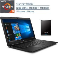 2020 HP 17.3" HD+ Premium Laptop Computer, AMD Ryzen 5 3500U Quad-Core Up to 3.7GHz (Beat I7-7500U), 32GB DDR4 RAM, 1TB SSD + 1TB HDD, 802.11ac WiFi, Black, Windows 10 + EST 500GB External Hard Drive