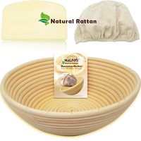 WALFOS 10" Round Banneton Proofing Basket Set - NATURAL RATTAN French Style Artisan Sourdough Bread Bakery Basket,Dough Scraper/Cutter & Brotform Cloth Liner Included - For Professional & Home Bakers