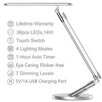 Desk Lamp, JUKSTG 36pcs LEDs 14W 7 Dimming Levels Table Lamps With 4 Lighting Modes, Folding Led Desk Lamps, 1-Hour Auto Timer, USB Charging Port, Touch-Sensitive Control, 5V Reading Lamps, Silver