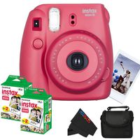 Fujifilm Instax Mini 8 Instant Film Camera (Raspberry) + (2) Fujifilm INSTAX Mini Instant Film (Twin Pack) + Soft Carry Case + PixiBytes Exclusive Cleaning Cloth