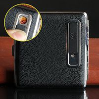 Leather Black Cigarette Box Case Holder with USB Electronic Charging Windproof Flameles Built-in Lighter holder, Gift for Father, Husband,Boyfriend and Smoker