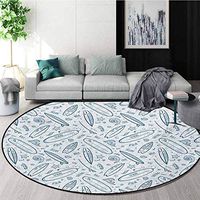 RUGSMAT Surfboard Round Rug,Doodle Surfing Boards Waves and Starfishes Hawaiian Summer Carpet Door Pad for Bedroom/Living Room/Balcony/Kitchen Mat,Diameter-55 Inch Dark Petrol Blue Slate Blue White
