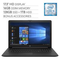 HP Pavilion 2019 Premium 17.3 inch HD Laptop Notebook Computer, 4-Core Intel Core i5-8265U 1.60 GHz, 16GB RAM, 128GB SSD + 1TB HDD, DVD, Wi-Fi, Bluetooth, Webcam, HDMI, Windows 10, Bonus Accessories