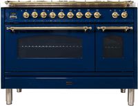 Ilve UPN120FDMPBL Nostalgie Series 48 Inch Dual Fuel Convection Freestanding Range, 7 Sealed Brass Burners, 5 cu.ft. Total Oven Capacity in Blue, Brass Trim (Natural Gas)