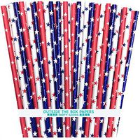 Red White and Blue Paper Drinking Straws - Baseball Theme- Patriotic Star Theme - 150 Pack - Outside the Box Papers Brand