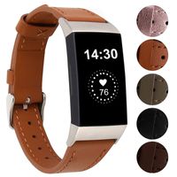 Genuine Leather Bands Compatible for Fitbit Charge 3 Bands and Charge 3 SE Bands, Classic Replacement Accessories Strap Genuine Leather Wristbands Metal Connectors Women Men Small Large Brown