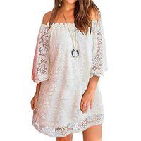 JQjian Summer Sexy Off Shouder Lace Shift Loose Beach Party Mini Dress for Women (L, White)