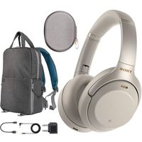 Sony WH1000XM3 Premium Noise Cancelling Wireless Bluetooth Headphones with Built in Microphone WH-1000XM3/S Silver Commuter's Bundle with Deco Gear Travel Backpack with Gadget Compartment & USB Port
