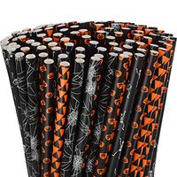 200 Pieces Halloween Paper Straws Black and Orange Striped Dot Print Paper Drinking Straws with Pumpkin Bat Spider Web Skeleton Print for Halloween Party Supplies (Color Set 2)