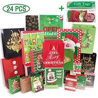 24 Christmas Gift Bags Assorted Sizes with 60-Count Christmas Gift Tags（Bulk Set,6 XL,6 Large,6 Medium,6 Small）