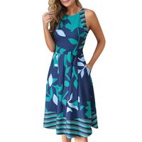 ASOBIMONO Women's Cold Shoulder Floral Summer Dress Casual Belt Sundress Sleeveless Midi Dresses with Pockets Blue