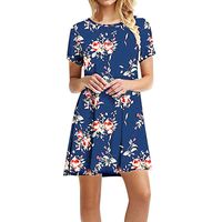 Rexinte Women's Short Sleeve Dress Pleated Loose Swing Casual Knee Length Boho Sunflower Print Dresses(Blue,S
